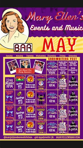 May your May be marvelous and filled with Mary Ellen’s magic! 💫 Songwriters on the schedule for tonight, tomorrow, and this weekend (see lineup for each day in previous posts!)… along with a Kentucky Derby party 🐎 (and Woodford Mint Juleps!) on Saturday, Sunday Funday with specials on Bloody Marias & bottomless mimosas 🍾, and Monday = tequila and taco specials for Cinco de Mayo! 🤠 See you HERE 📍 420 Appelrouth Lane! @maryellensbarandkitchen | Mary Ellen's Bar and Kitchen