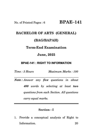 BPAE–141 June 2025 | IGNOU Previous Year Question Paper