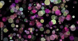 Simulated bokeh render. Colorful semi transparent circles of various sizes appearing and dissapearing. Alpha matte included.