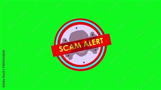 Scam Alert Animation Overlay with Skull and Crossbones Symbol. High-Impact Red Warning Stamp Graphic on Green Screen Background for Cyber Security, Fraud Awareness, and Online Safety Video Content.