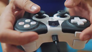 Man Playing Gamepad Hands Video Console on Tv. Hand Hold New Joystick Playing Video Console on Tv Stock Footage - Video of player, computer: 133626264
