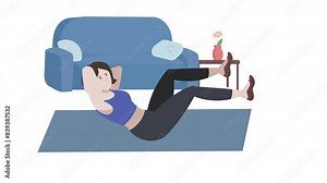 Female cartoon character doing exercise on mat in the house. Fitness and workout, healthy lifestyle concepts. 4k, Looped 2D animation.