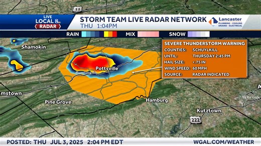 A Severe Thunderstorm Warning has been issued for parts of Schuylkill county(ies) until Jul 03 2:45PM. Seek shelter indoors now! Stay with WGAL-TV and WGAL.com for updates. Track on radar: https://www.wgal.com/weather/radar | WGAL News Channel 8 Susquehanna Valley, Pa.