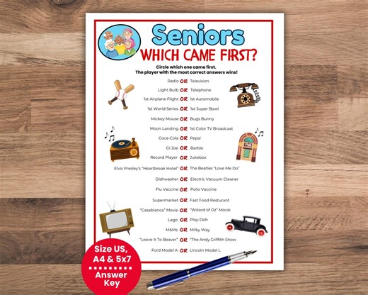 Which Came First Senior Trivia Games, Games for Senior Groups, Trivia for Seniors, Senior Activities, Memory Brain Games, Elderly Party Game - Etsy