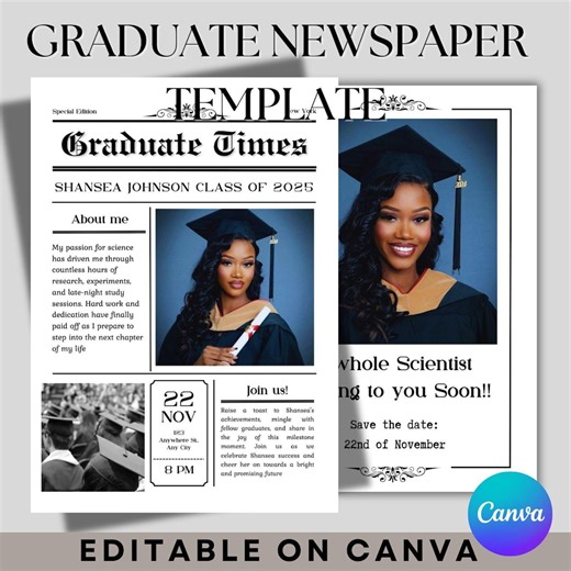 DIY Graduation Newspaper Invitation Template: Editable in Canva (PDF) - Etsy