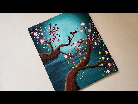 Lovebirds scenery drawing & painting in a moonlight and cherry blossom || Easy cherry blossom flowe