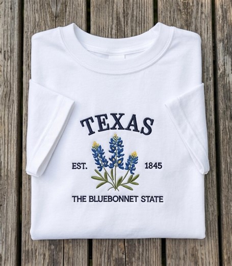 Texas Bluebonnet Embroidered Shirt, State Flower Botanical Tee, Texas Souvenir Gear, Texas Est 1845 Embroidered Tee, Texas Shirt - Etsy