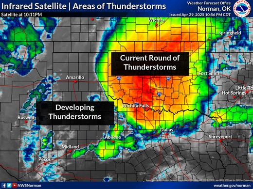 11:10 PM- More thunderstorms are expected tonight through tomorrow morning. There will be a continued risk of flash flooding and severe weather--including during rush hour tomorrow morning. If you are under a flash flood warning, avoid travel! Remember to turn around, don't drown! | US National Weather Service Norman Oklahoma