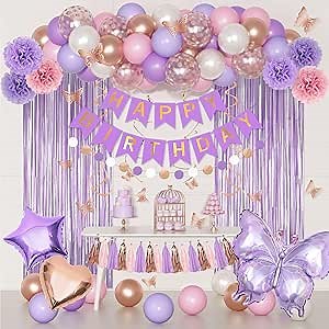 Purple Pink Birthday Party Decorations, Butterfly Confetti Rose Gold Lavender Balloons Happy Birthday Banner Fringe Curtains Hanging Swirls Circle Dots Tassels Pompoms for Women Girls Party Supplies