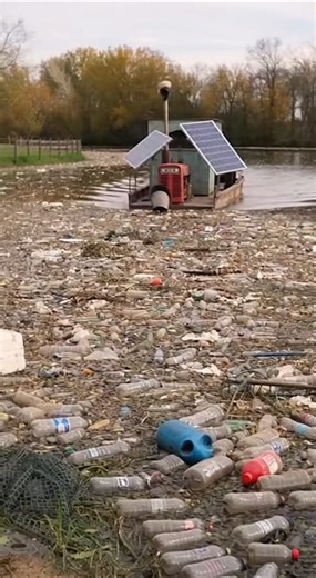 The farmer invented a machine to suck up trash from the river.