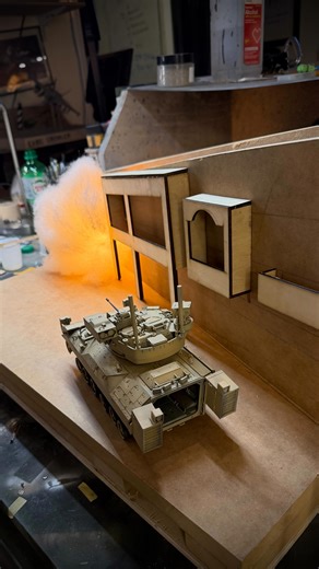 🚧work in progress🚧 I’m using one of my favorite techniques in this M2A3 Bradley (Meng 1/35) diorama. The commission brief calls for the Bradley to be firing a TOW missile at a building, but the problem here is that the vehicle needs to be far enough from the building to make sense! I use forced perspective to convey a greater sense of depth and it is especially apparent in this scene! A famous use of forced perspective is in ‘The Ambasadors’ by Hans Holbein which is on display in The National 