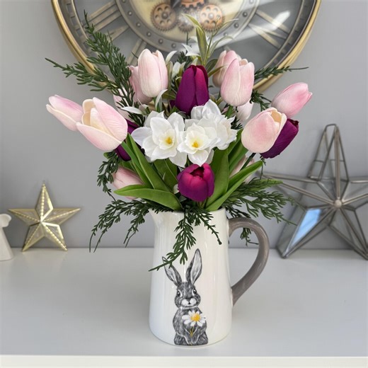 Spring Flowers. Artificial Floral Arrangement. Silk Flowers. Easter Bunny. Easter Decor. Spring Decor. Tulips. Gifts for Mum. Gift Ideas. - Etsy