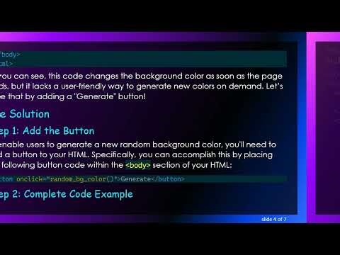 Create a Random Background Color Generator with a "Generate" Button Using HTML and JavaScript