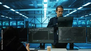 Smiling admin doing yearly checkup to prolong data center electronics life span and avoid downtime. Upbeat employee in server room monitoring server infrastructure components using laptop