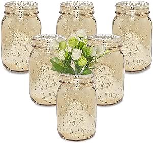 Fun Express Gold Mason Jars 12 Pack - Premium Glass Mason Jar Set for Wedding Centerpieces, Table Decorations & Party Events | Decorative Vintage-Style Vases for Flowers, Home Decor & DIY Projects