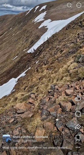 Think you’re safe walking through the Lairig Ghru in spring?The first two photos from a couple of days ago show a big snow cornice collapse, taking with it many tonnes of muck and rock, almost reaching the Pools of Dee. A video from Paul Phillips yesterday shows it from above, with most of the snow melted.
