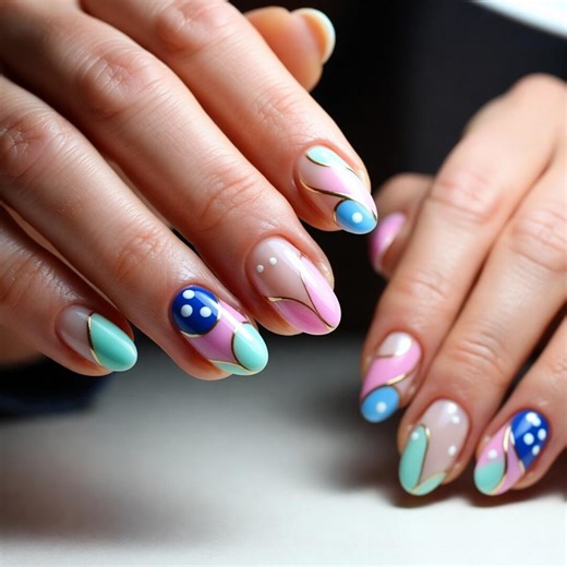 Color Block Pastel Press on Nails With Gold Detail Cute Short Nail Set - Etsy