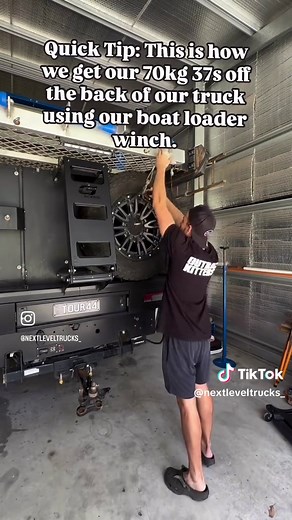 Handy Tip: Boat Loader with Winch for Multi-Use If you’re running large tyres like 37s, you know how heavy they can be, especially when you need to swap one out. I’ve found that having a boat loader with a built-in winch on top of my truck is a game changer. While it’s designed to help load a boat, it’s perfect for lifting heavy tyres off the back of my rig as well. Simply use the winch to safely hoist the tyre off the vehicle—it’s a great way to avoid straining your back while managing those he