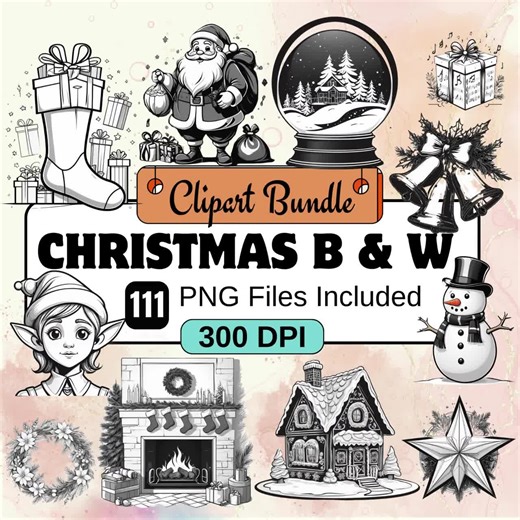 Christmas Black and White Clipart, Christmas Clipart PNG Bundle, 111 PNG Christmas B W Clipart Bundle, Instant Digital Download,commercial - Etsy