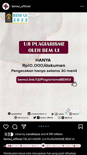 TELAH HADIR: UJI PLAGIARISME BEM UI 2023 Halo, IKM UI! Project and Partnership BEM UI 2023 hadir untuk membantu Anda dalam mengidentifikasi plagiarisme dalam karya tulis Anda. Selain itu, terdapat beberapa manfaat dalam penggunaan Turnitin, seperti meningkatkan kredibilitas, mencegah plagiarisme, dan mengetahui tingkat kesamaan dengan karya tulis lainnya. Jadi, tunggu apa lagi? Silakan isi tautannya sekarang! bemui.link/UjiPlagiarismeBEMUI Narahubung: Dinar (087866310854 || LINE: naniiiin) BEM U