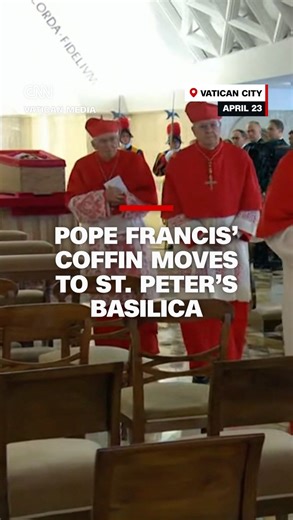 Video shows moments of the procession transferring Pope Francis' coffin from the chapel of the Casa Santa Marta residence, where he lived during his papacy, to St. Peter's Basilica, where he will lie in state before his funeral on Saturday. Follow live updates: https://cnn.it/3EBhpwn | CNN International