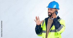 Engineering, man and phone call of construction design planning or project management communication in studio. African builder or worker, mobile chat and architecture mockup space on white background