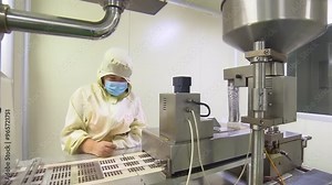 Production assembly line packaging medicine factory production pharmaceuticals and drugs, large number of capsules white tablets on the conveyor. Workers on production line in pharmaceutical cosmetics