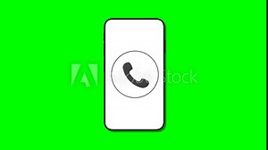 Phone call themed animation. Grey telephone icon appearing inside an animated smartphone screen. Incoming call or outgoing call. White background and green screen background.