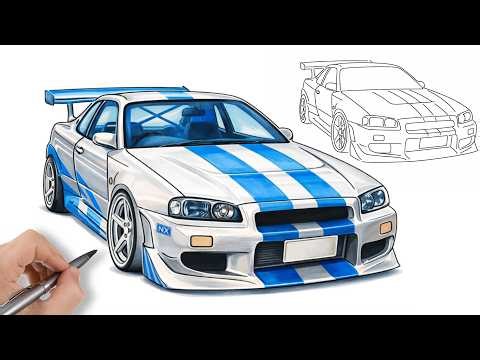 How to draw JDM Nissan Skyline GT-R R34 from Fast & Furious - Step by step tutorial