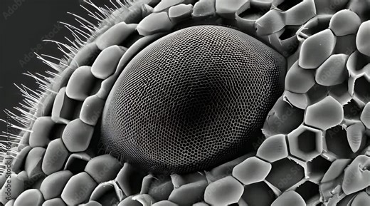 A monochromatic scanning electron microscope view of an insect's compound eye, showing the highly detailed hexagonal pattern of the ommatidia and surrounding bristles in extreme close-up