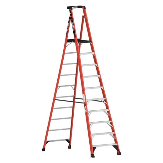 Check The Home Depot's Q&A Before Buying: Werner 10 ft. Fiberglass Podium Step Ladder ( 16 ft. Reach Height) with 300 lbs. Load Capacity Type IA Duty Rating