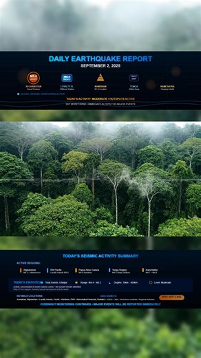 🌍 Daily Earthquake Report | September 2, 2025 🌍 Today’s largest quake was a 5.2 in eastern Afghanistan. We’ve posted a separate video on that one so check our page for full coverage. Other notable activity includes a 5.0 southeast of the Loyalty Islands a 4.8 near Kandrian PNG and another deep 4.8 west of Tonga. A 4.7 hit northeast of Kamchatka with smaller quakes off Fiji and South Papua. If anything major happens overnight we’ll be first to report. #Earthquake #Afghanistan #LoyaltyIslands #P