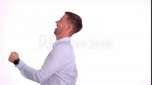 Young businessman running forward isolated on white background. Representative manager quickly and successfully makes career