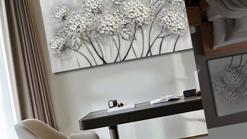 SOUGUAN Plant Wall Paintings White Floral Canvas Wall Art for Living Room Hand Painted Artwork Poster Botanical Picture Wall Decor for Home Office Decor 24x48 Inch