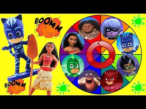 Moana & PJ Masks Spin the Wheel Game w Disney Princess Moana, Maui, Owlette & Catboy Dolls!