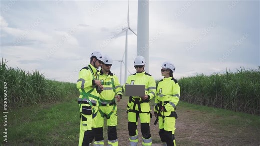 A team of wind energy engineers and technicians, wearing full safety equipment, work together in the field to plan, inspect, and efficiently control the operation of renewable energy systems.