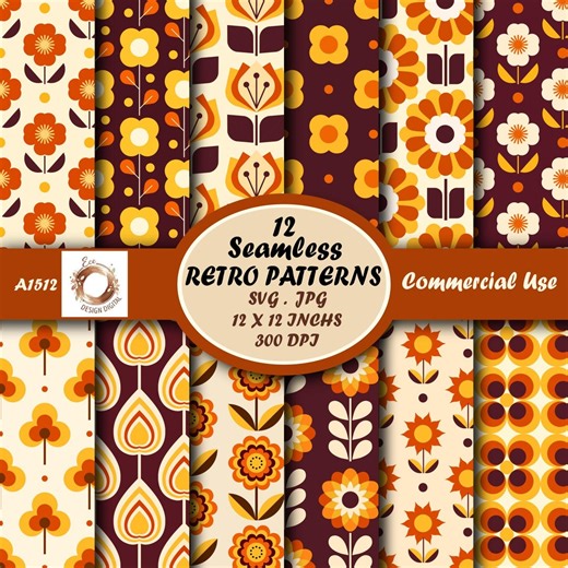 Mid Century Modern Floral Patterns, 70s Retro Seamless Backgrounds ( PNG, JPG Set ) - Etsy