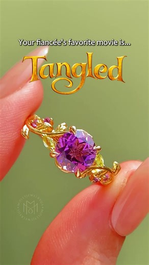 Got a Tangled fan in your life? 💖 This ring brings all the magic, romance, and adventure straight from the screen to her finger. #tangled #gemstonering #amethyst #natureinspiredjewelry #rapunzelring