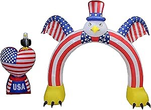 Two Patriotic Party Decorations Bundle, Includes 5 Foot Tall Independence Day Inflatable Love Heart with American Flag Bald Eagle, and 9 Foot Tall Inflatable Flying Bald Eagle American Flag Archway