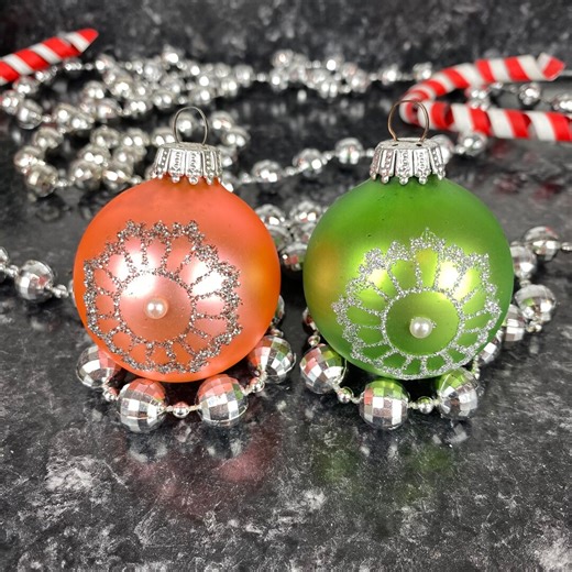 Vintage West German Glass Christmas Ornaments, Pink & Green Glitter Floral Decor - Etsy