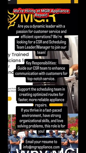MGR Appliance Inc. on Instagram: "Email your resume to info@mgrappliance.com #HiringNow #JobOpening #CustomerService #TeamLeader #ApplianceRepair"