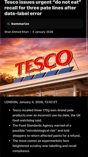 Tesco issues urgent “do not eat” recall for three pate lines after date-label error