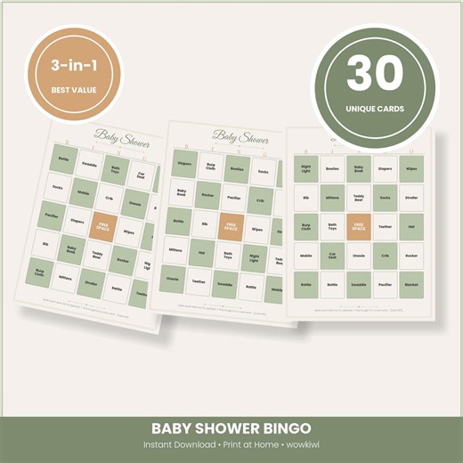 Baby Shower Bingo Cards 30 Unique | Elegant Sage Green Printable | 3 Formats | Instant Download - Etsy
