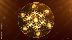 Video animation Metatron's Cube, Flower of Life. Golden Sacred geometry, graphic technology element fluid light background. Mystic gold icon platonic solids, abstract geometric drawing, crop circles