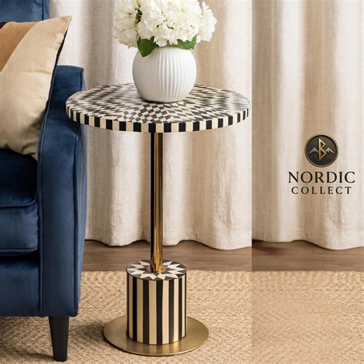 Black & White Bone Inlay Side Table | Handmade Geometric Round Accent Table | Modern Luxe Home Decor - Etsy