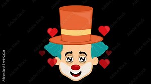video animation emoji face joker clown character cartoon illustration, with an joy and love expression, surrounded by hearts symbol. On a transparent background with alpha channel set to zero