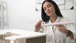 Closeup of professional engineer architect using triangular scale measure house model with focusing, taking note about building structure length at modern office. Business design. Immaculate.
