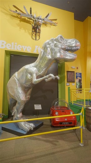 Built by Tyler Kozar of Pittsburgh, PA, this T-Rex is made entirely from 4” by 4” foil Pop-Tarts packages! Believe It or Not!, Tyler won one million Pop-Tarts in a contest and then turned his prize into 15 different pieces of Pop-Tart art. The statue stands over 14 feet tall. It took six cans of spray glue and 150 hours to complete. You can find this amazing exhibit at Ripley’s Believe It or Not! Branson! . . . #RipleysBranson #Ripleys #BION #RipleysBION #WeirdHistory #History #WeirdNews | Riple