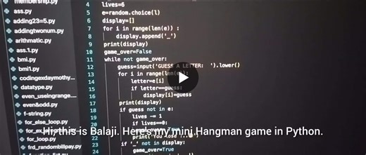 #day4 #100daysofcode #python #miniproject #codingjourney #linkedinlearning #hangmangame | Balaji Satyavarapu