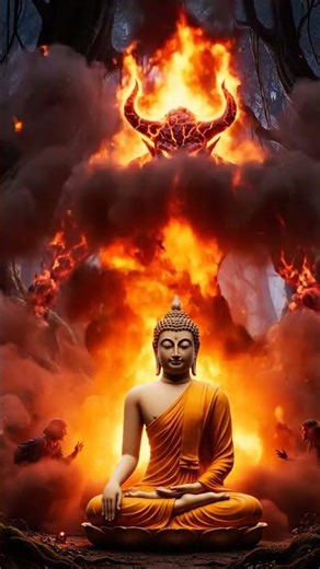 Buddha's Light Transforms Fire Demon to Lotus Peace in Dark Forest.